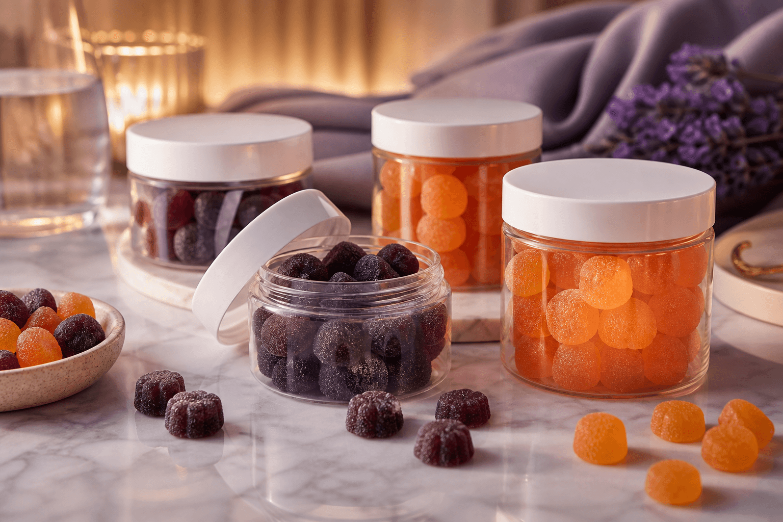 Premium melatonin gummy jars and wellness supplements ready for retail
